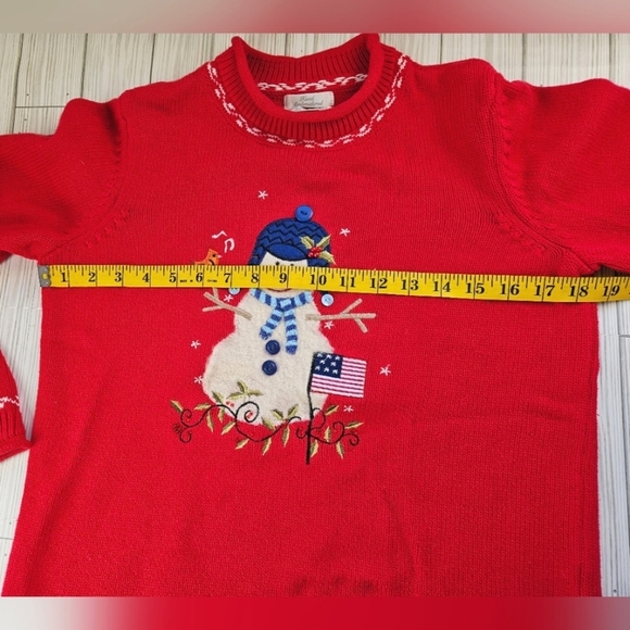 Vintage Embroidered Knit Snowmen and Flag Mock Neck Sweater in Red & White Sz Sm - Picture 9 of 11